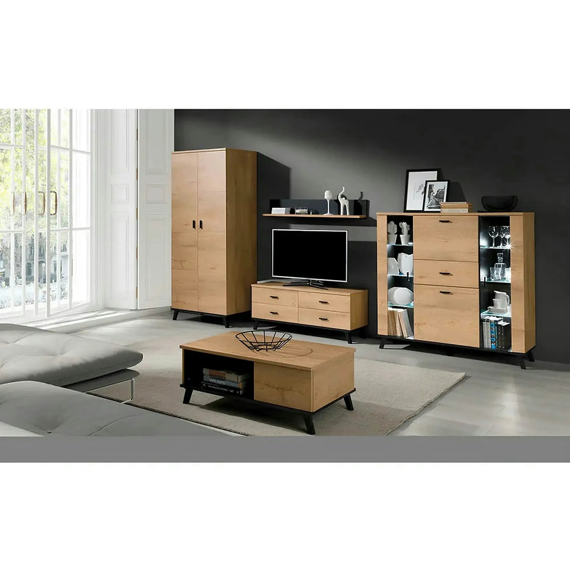 Comoda SIRAN TYP 3, stejar lefkas/negru, DTD laminat/plastic, cu iluminare LED, 131x40x131 cm