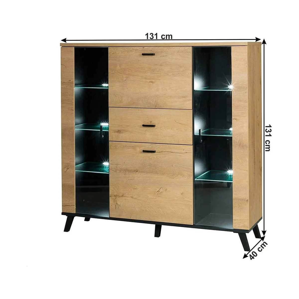 Comoda SIRAN TYP 3, stejar lefkas/negru, DTD laminat/plastic, cu iluminare LED, 131x40x131 cm