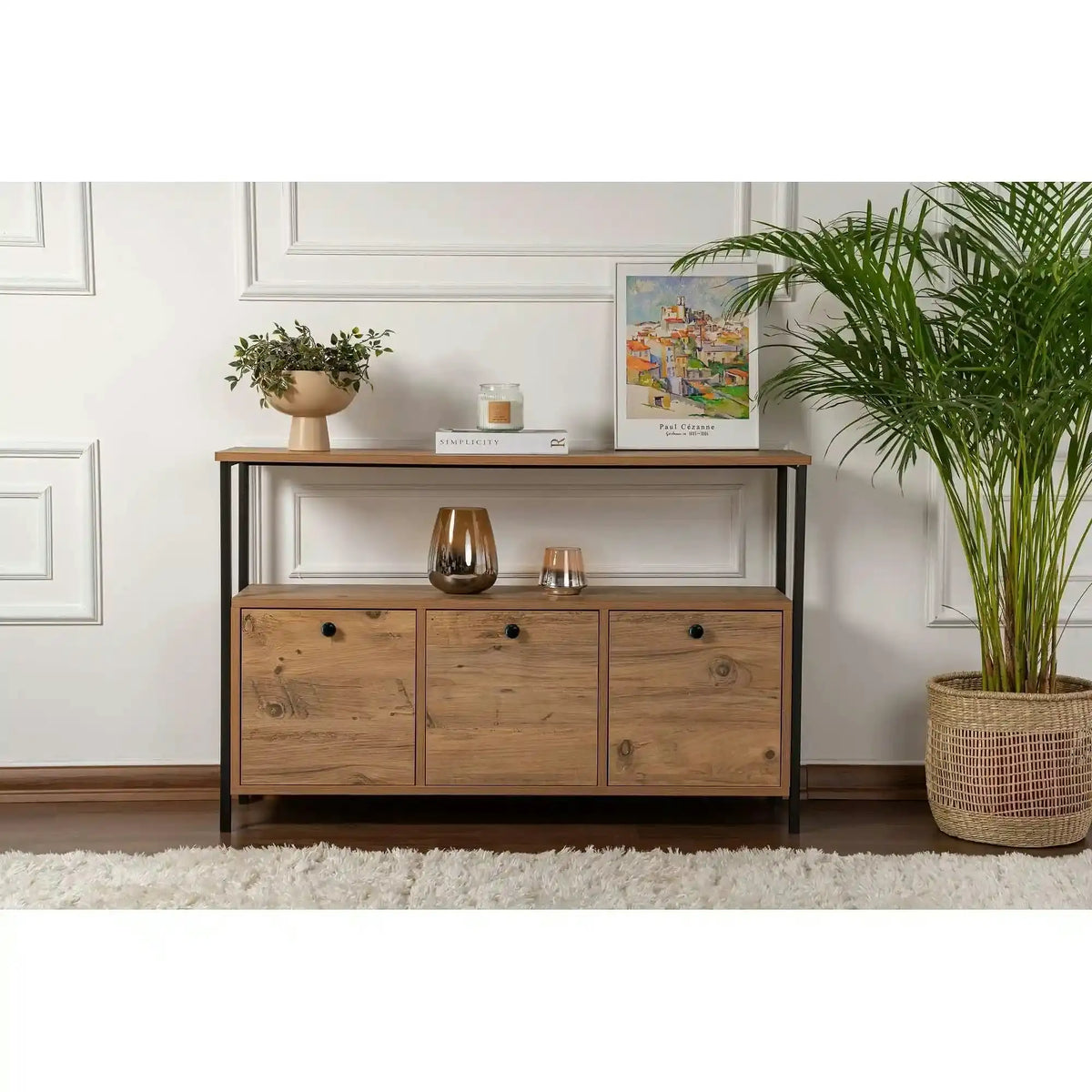 Comoda SOLACE, pin atlantic/negru, PAL/metal, 120x30x77 cm