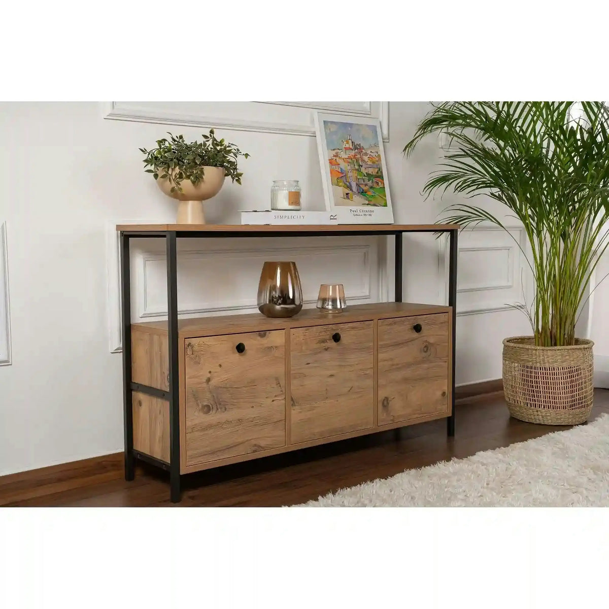 Comoda SOLACE, pin atlantic/negru, PAL/metal, 120x30x77 cm