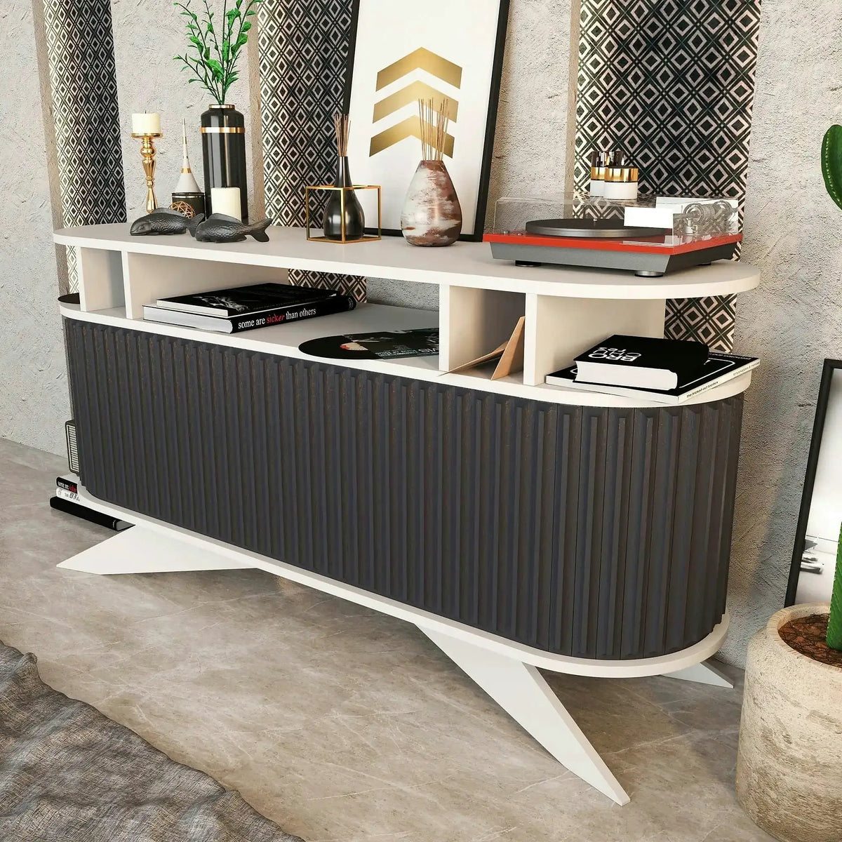 Comoda STOR, alb/gri antracit, PAL melaminat, 150x43x75 cm