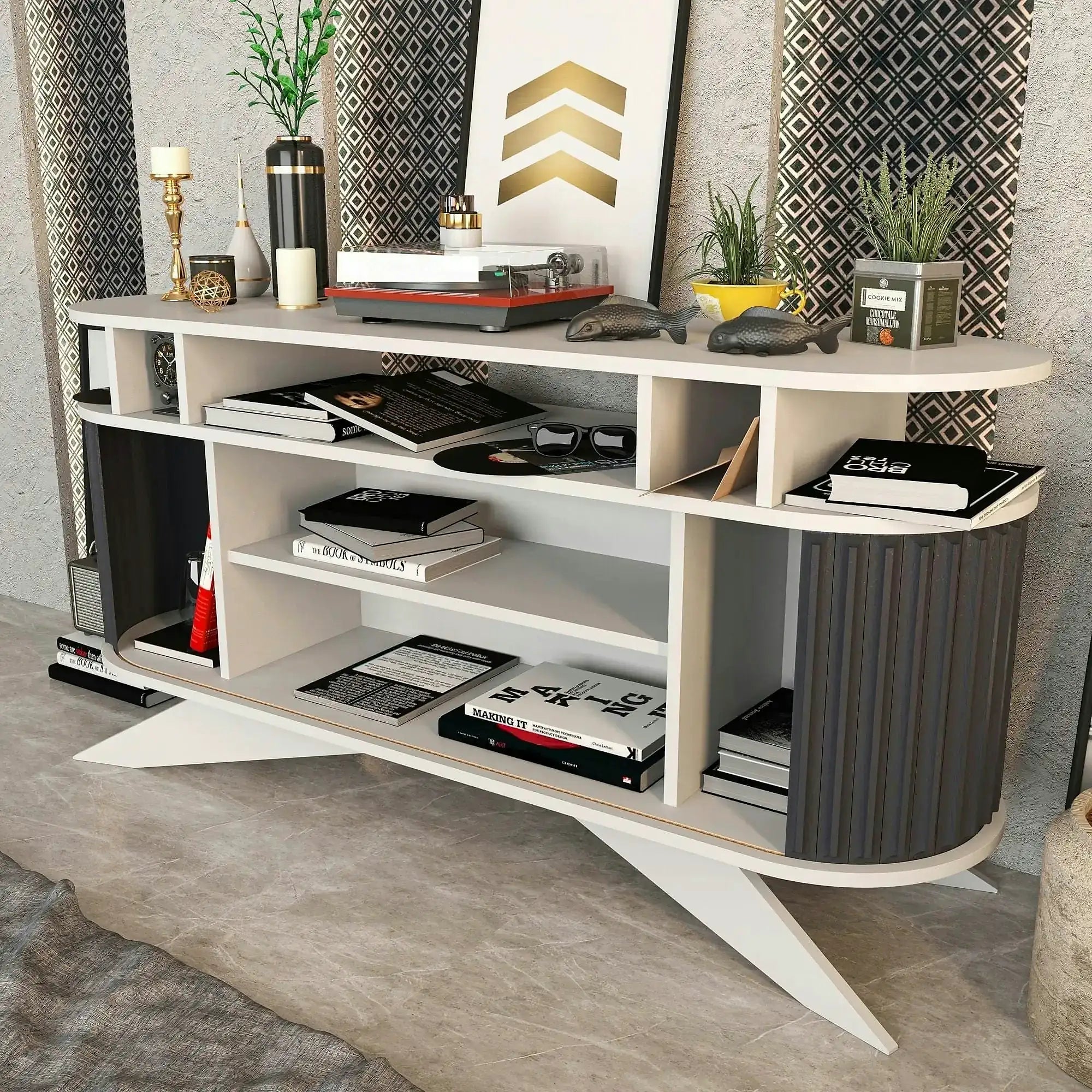 Comoda STOR, alb/gri antracit, PAL melaminat, 150x43x75 cm