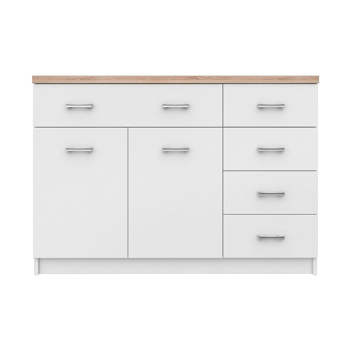 Comoda TOP MIX, alb/stejar sonoma, PAL laminat, cu 2 usi si 5 sertare, 120x33x85 cm