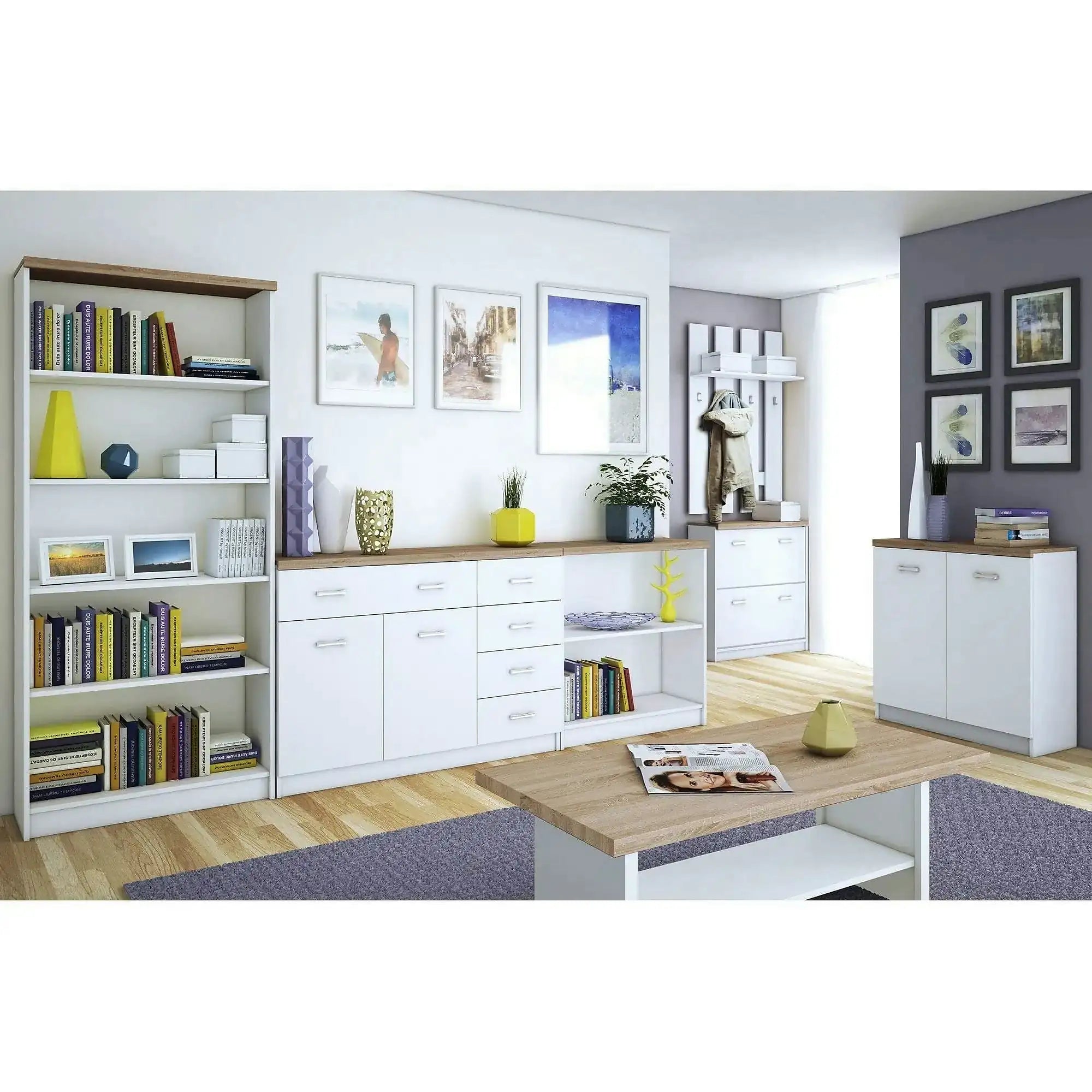 Comoda TOP MIX, alb/stejar sonoma, PAL laminat, cu 2 usi si 5 sertare, 120x33x85 cm
