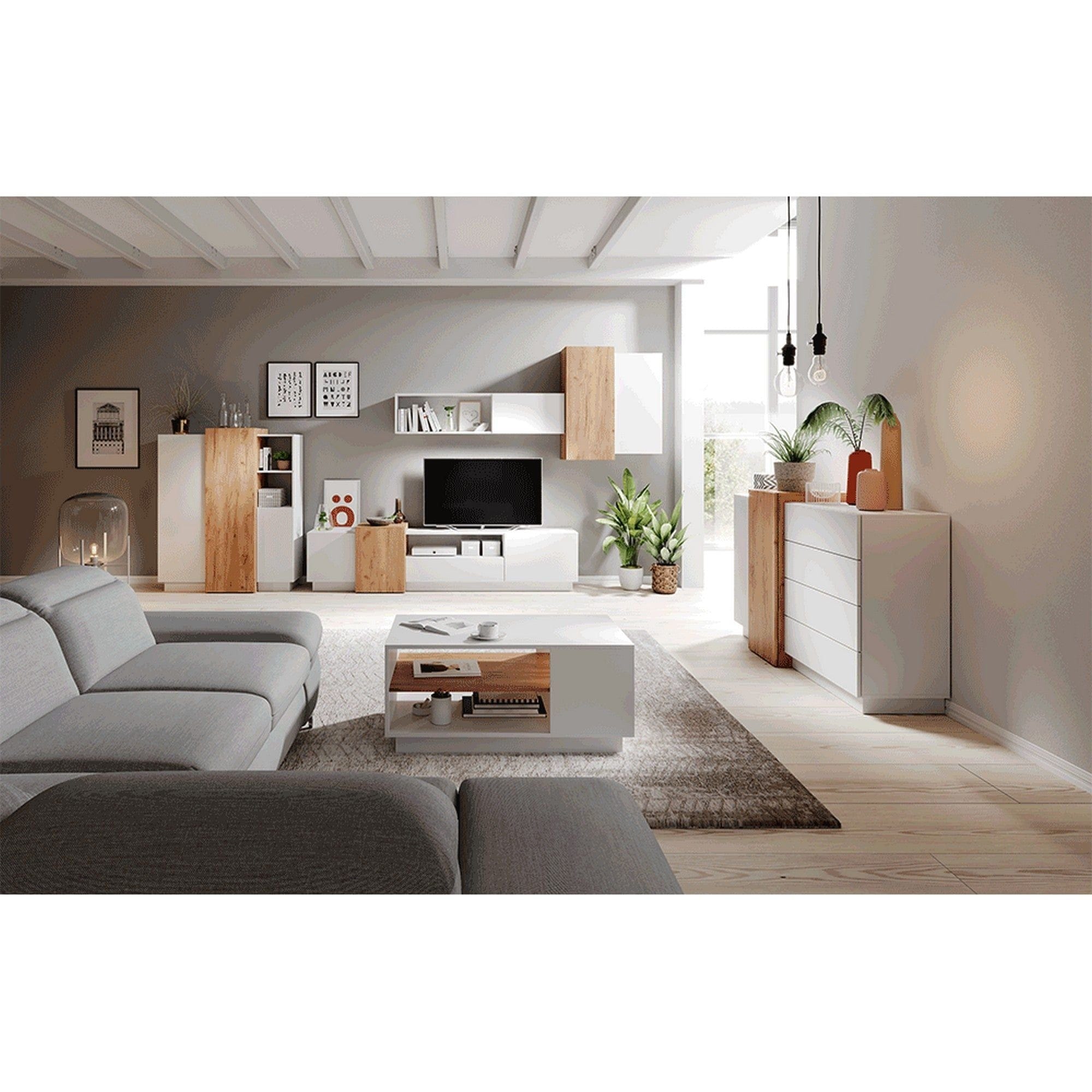 Comoda TRIO, stejar auriu/alb, PAL laminat, 110x45x134 cm