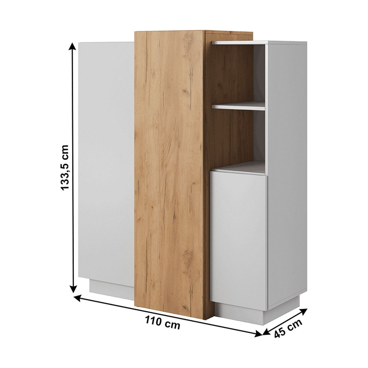 Comoda TRIO, stejar auriu/alb, PAL laminat, 110x45x134 cm