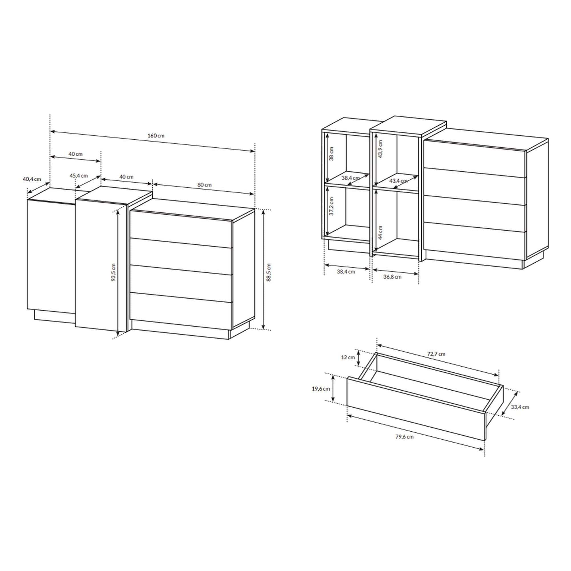 Comoda TRIO, stejar auriu/alb, PAL laminat, 160x45x94 cm