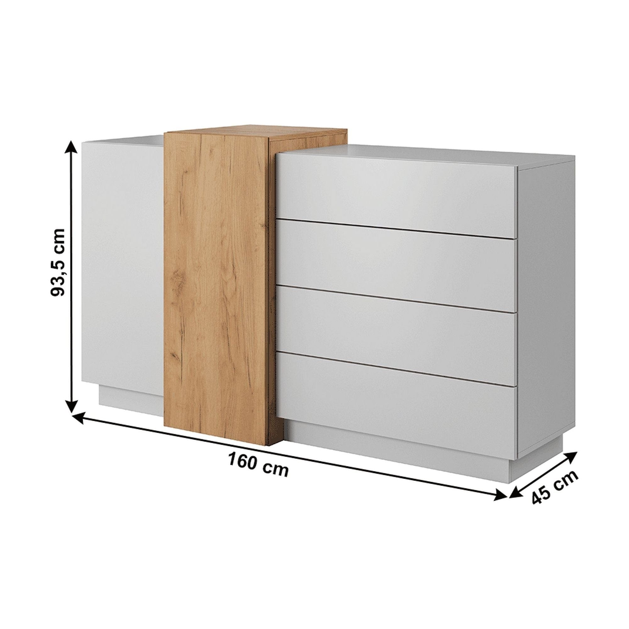 Comoda TRIO, stejar auriu/alb, PAL laminat, 160x45x94 cm