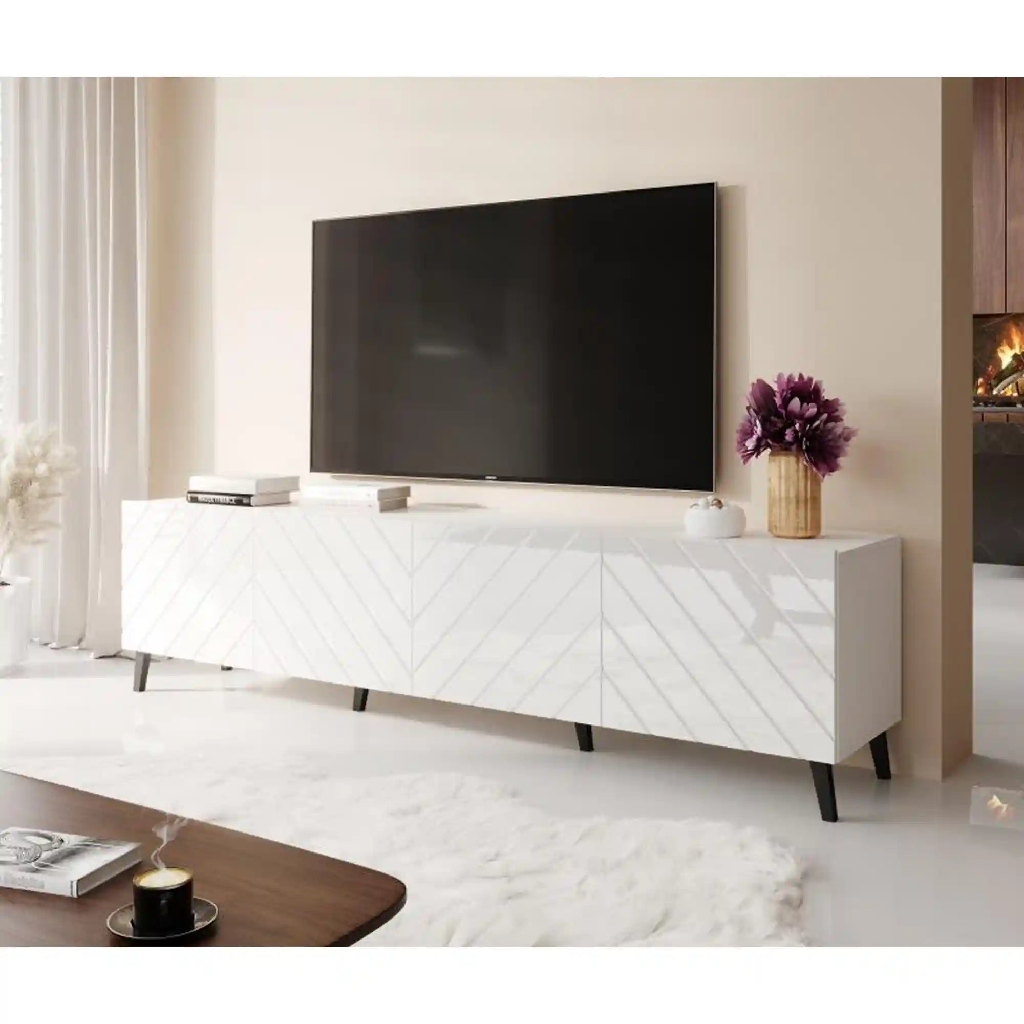 Comoda TV ABETO, alb/negru, PAL/plastic, 200x42x52 cm