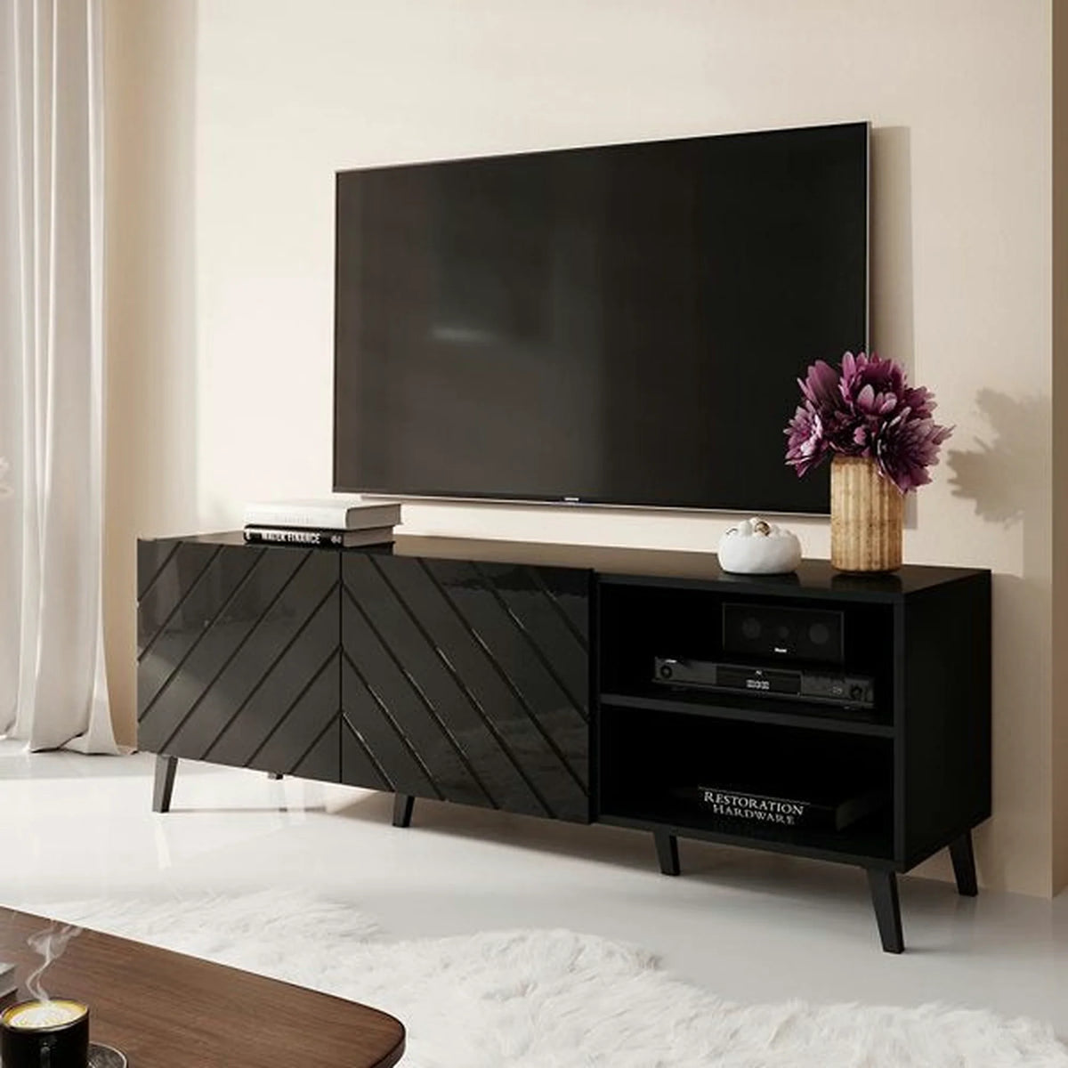 Comoda TV ABETO, negru, PAL laminat, 150x42x52 cm