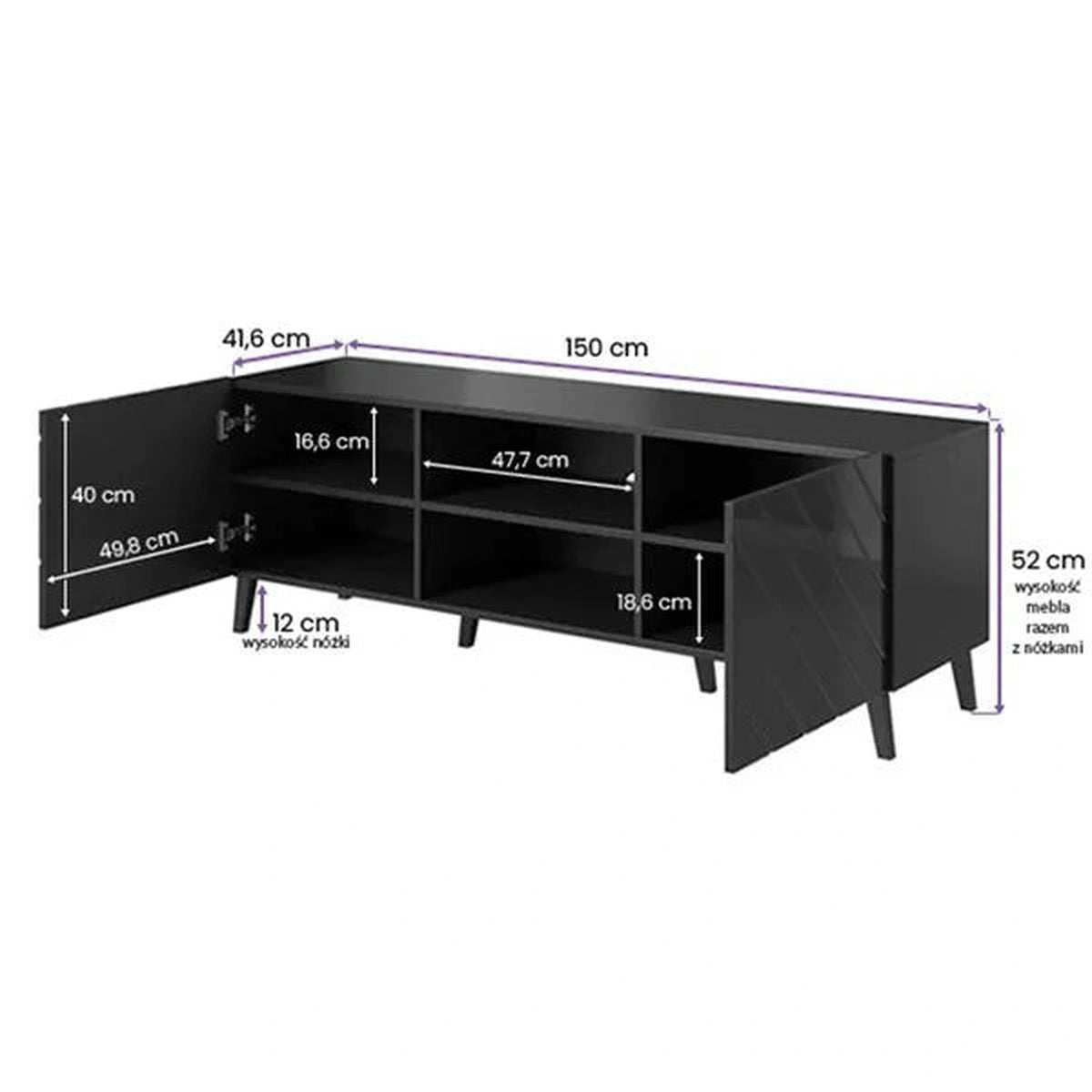 Comoda TV ABETO, negru, PAL laminat, 150x42x52 cm