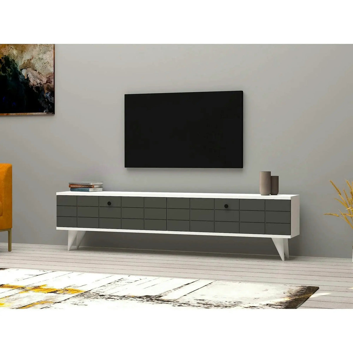 Comoda TV Alberi, alb/gri antracit, PAL melaminat, 160x25x35 cm