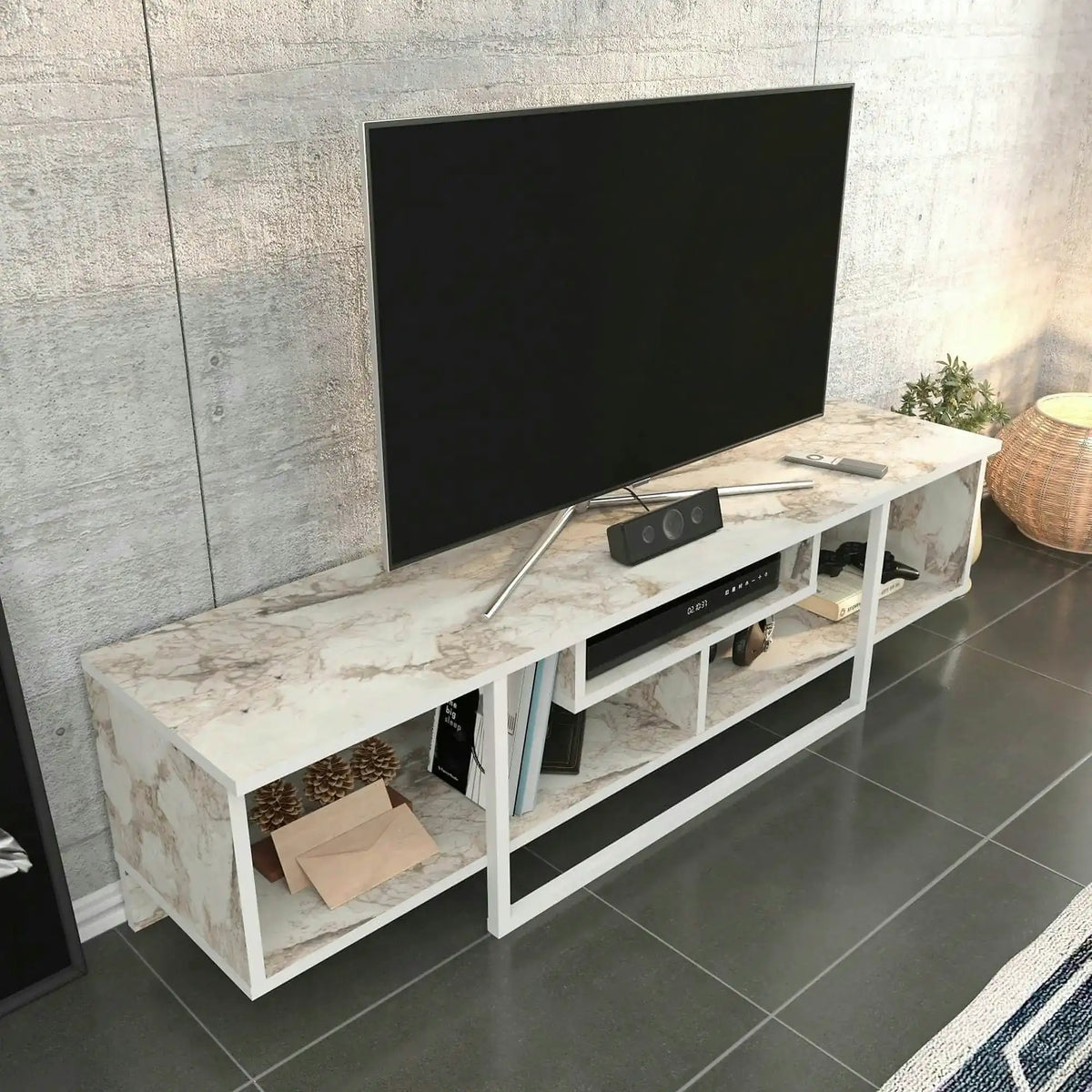 Comoda TV ASAL 150, alb/bej, PAL melaminat, 150x35x40 cm