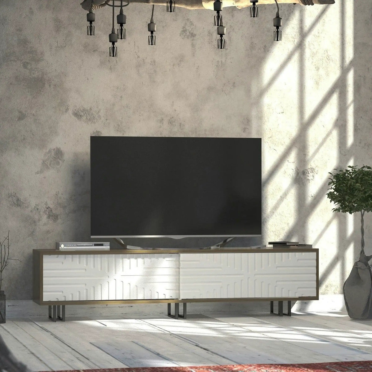 Comoda TV Askal, stejar/alb, PAL melaminat/metal, 180x35x47 cm