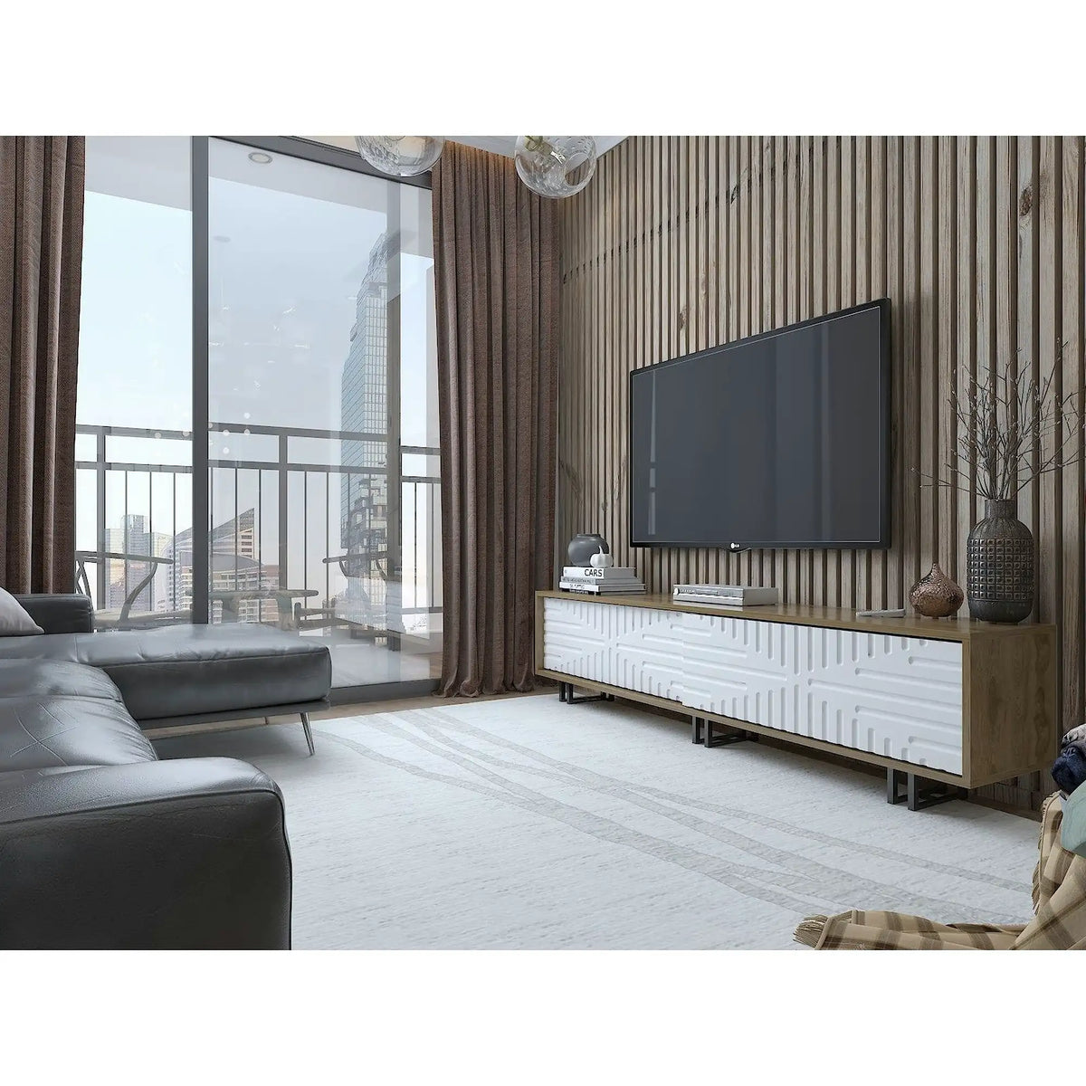 Comoda TV Askal, stejar/alb, PAL melaminat/metal, 180x35x47 cm
