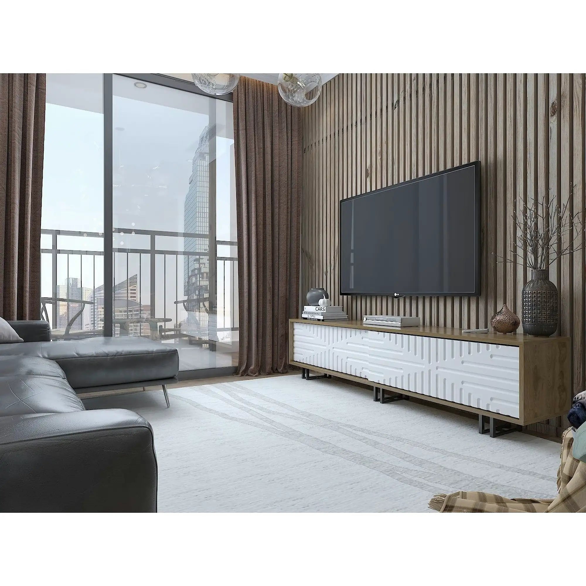 Comoda TV Askal, stejar/alb, PAL melaminat/metal, 180x35x47 cm