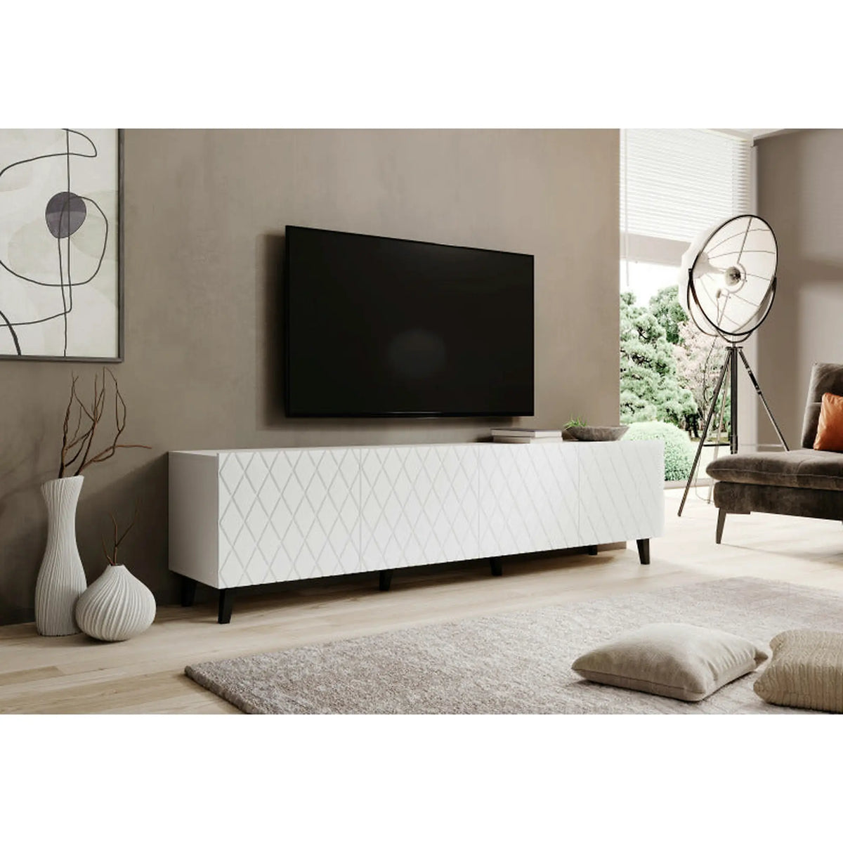 Comoda TV ASTI, alb mat, PAL laminat, 200x42x52 cm
