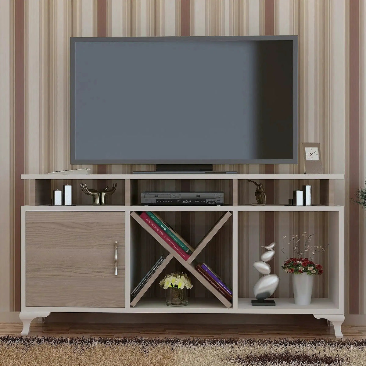 Comoda TV AY, alb/stejar, PAL melaminat, 120x30x54 cm