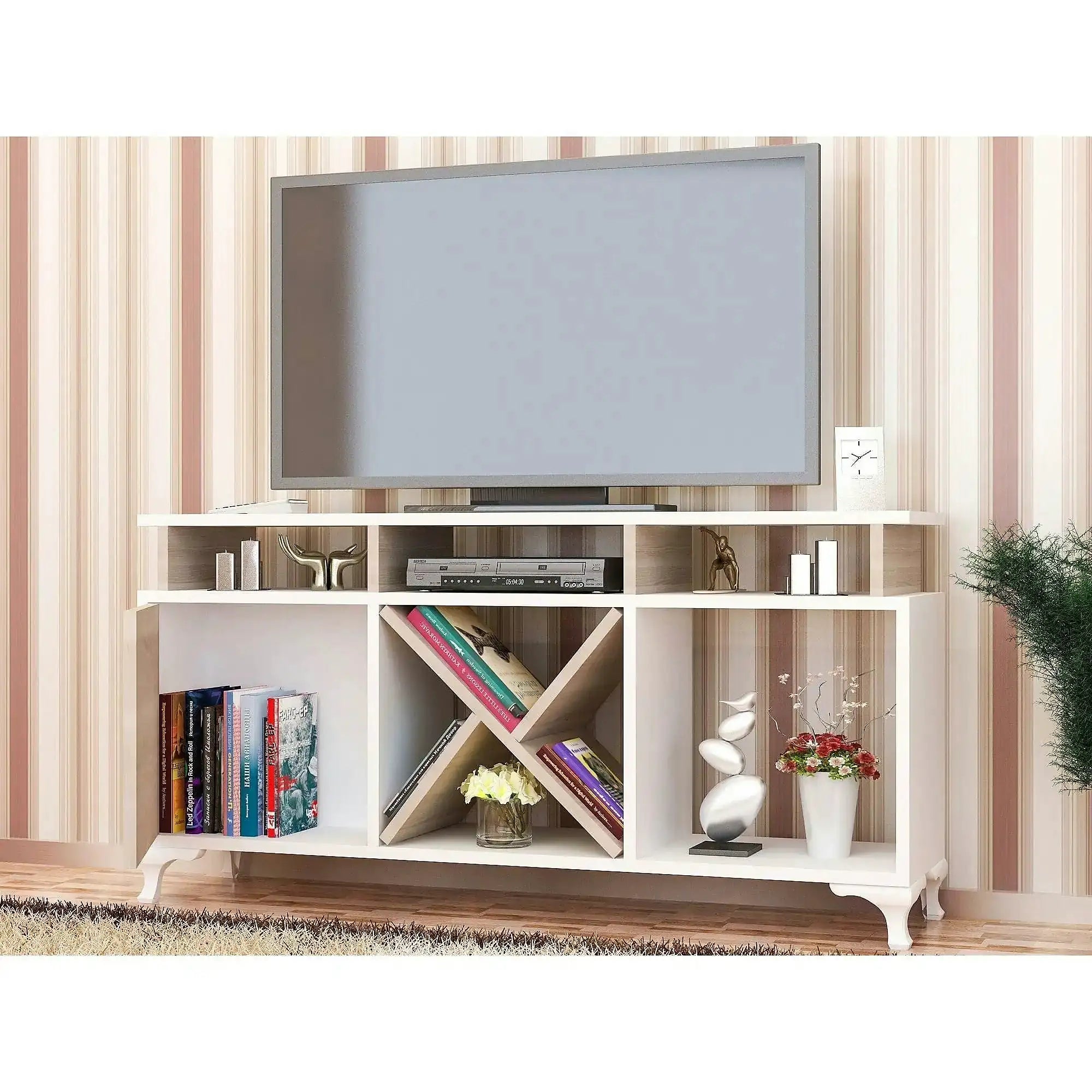 Comoda TV AY, alb/stejar, PAL melaminat, 120x30x54 cm