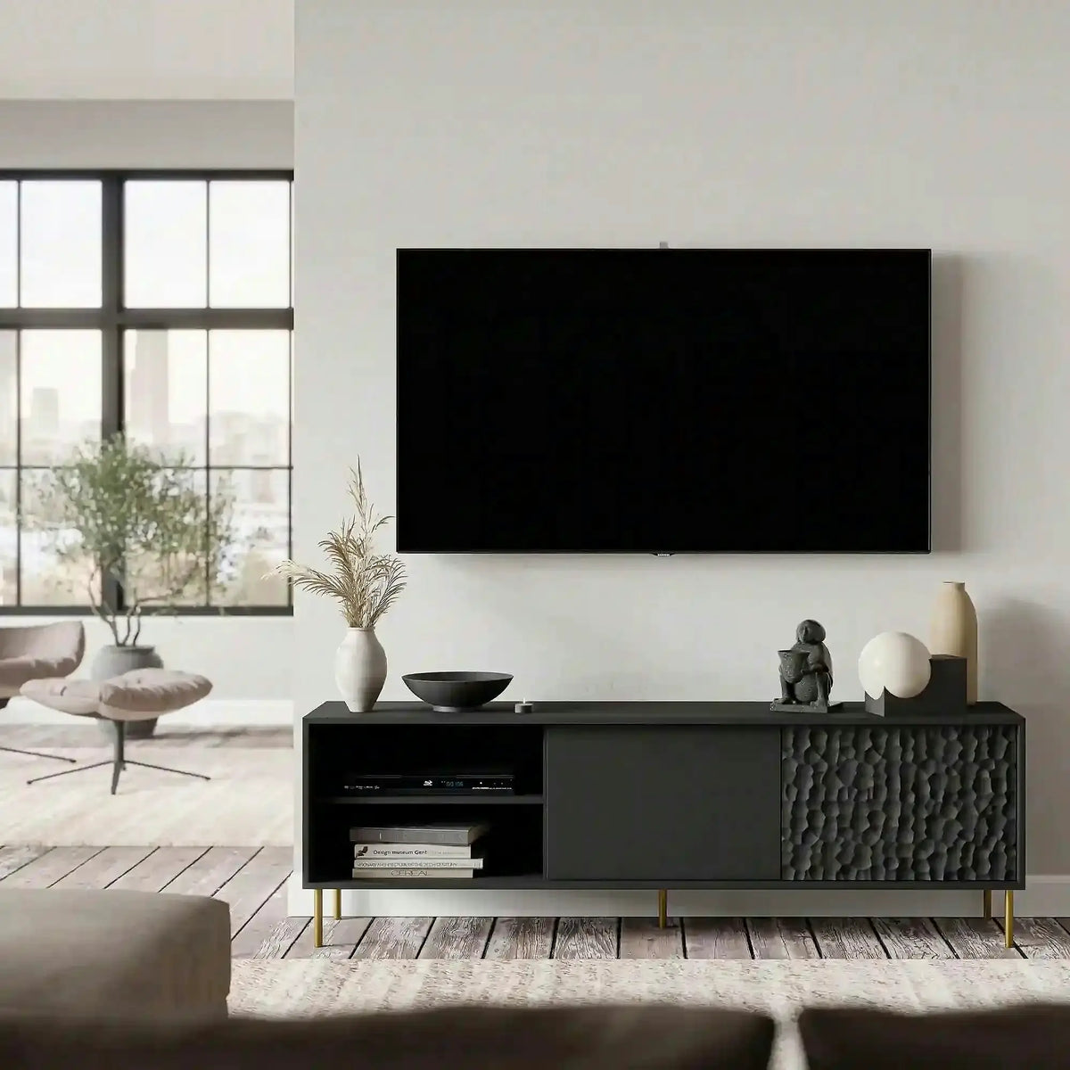 Comoda TV BULLET, negru/auriu, PAL laminat, 180x41x58 cm