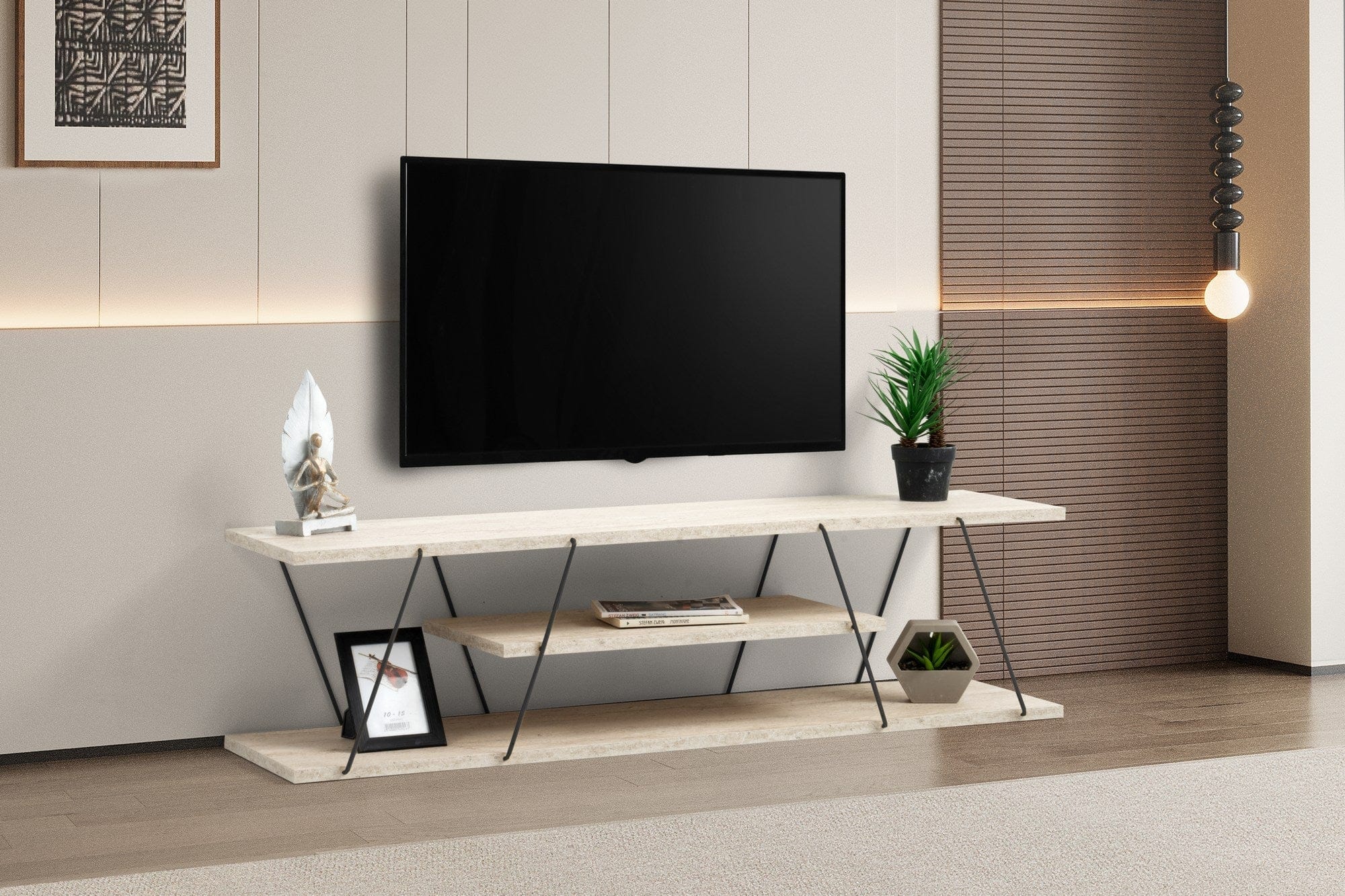 Comoda TV CANAZ, bej cu efect de marmura/negru, PAL melaminat, 120x30x33 cm