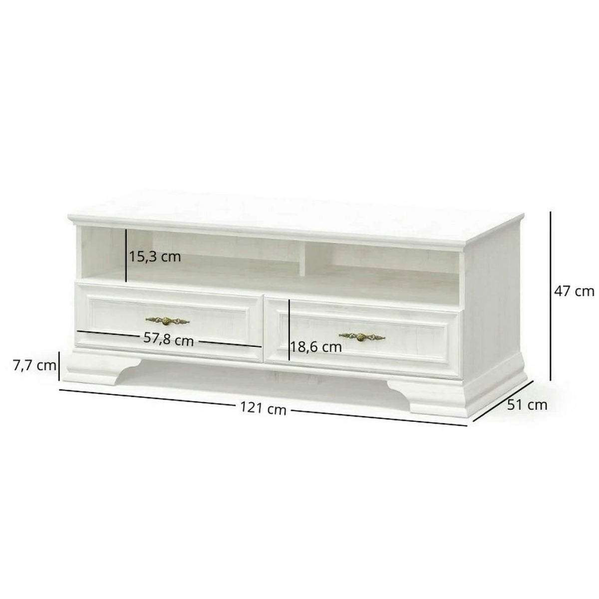 Comoda TV clasica IRYS, pin alb anderson, PAL laminat, 121x51x47 cm