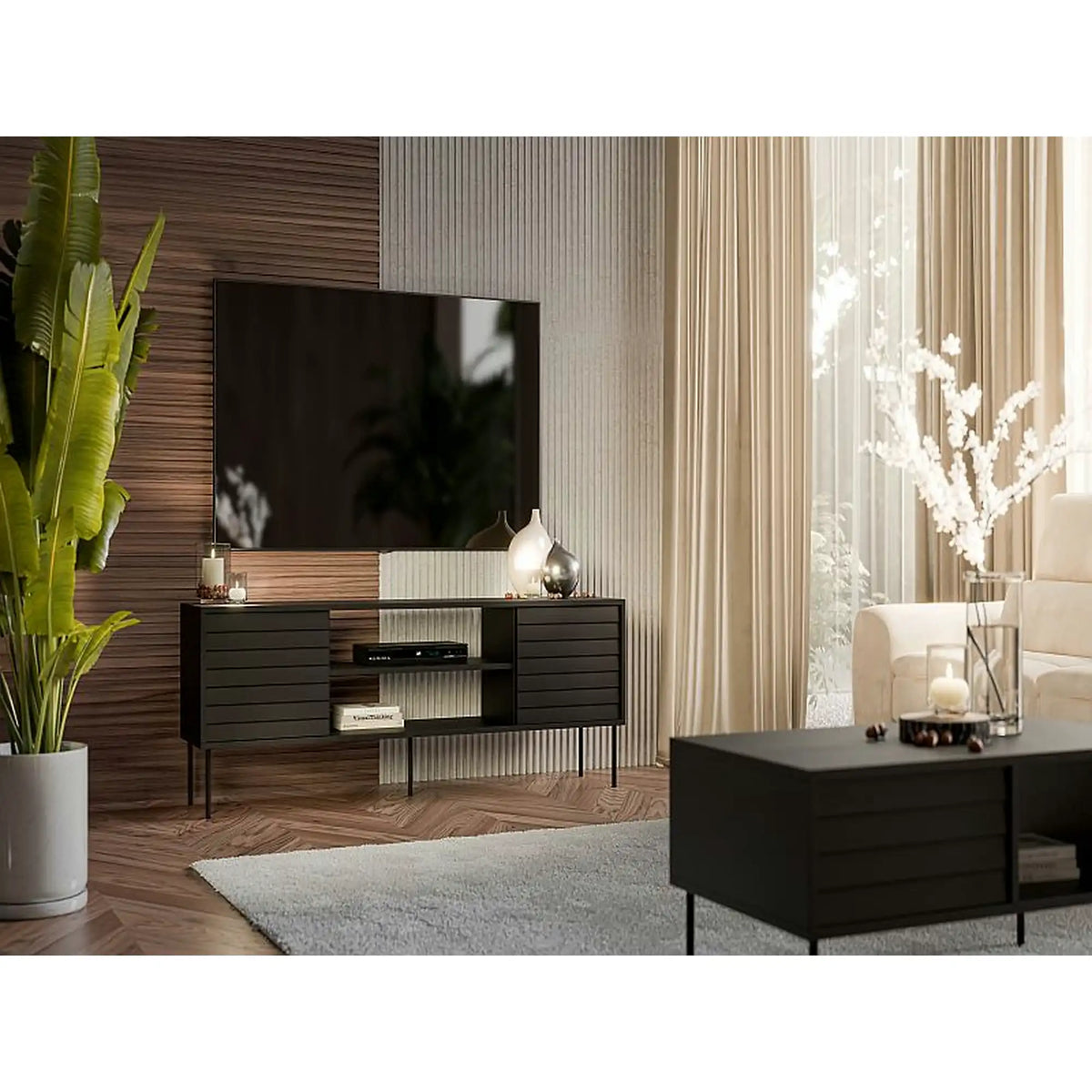 Comoda TV CORTINA, negru, PAL laminat, 180x40x60 cm