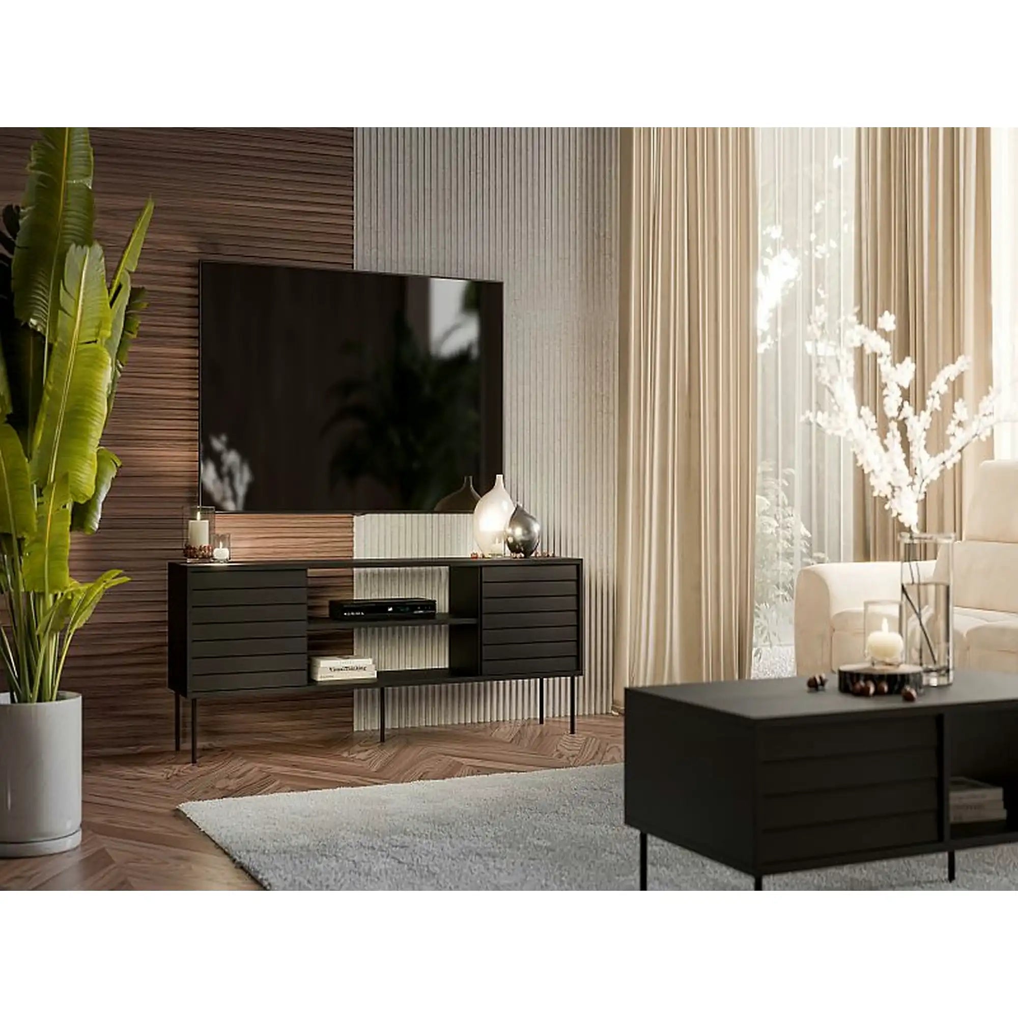 Comoda TV CORTINA, negru, PAL laminat, 180x40x60 cm