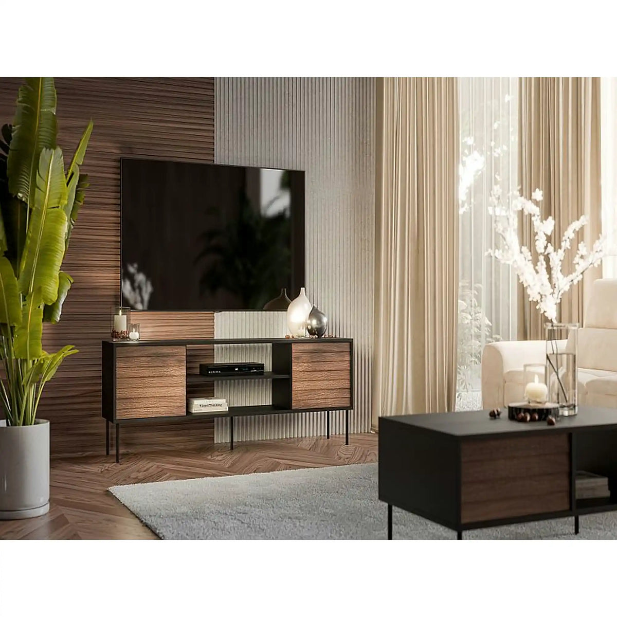Comoda TV CORTINA, nuc/negru, PAL laminat, 180x40x60 cm