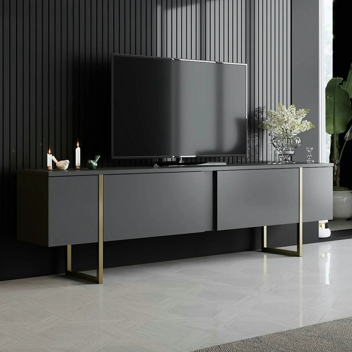 Comoda tv cu usi LUXE, gri antracit/auriu, PAL/metal, 180x50x30 cm