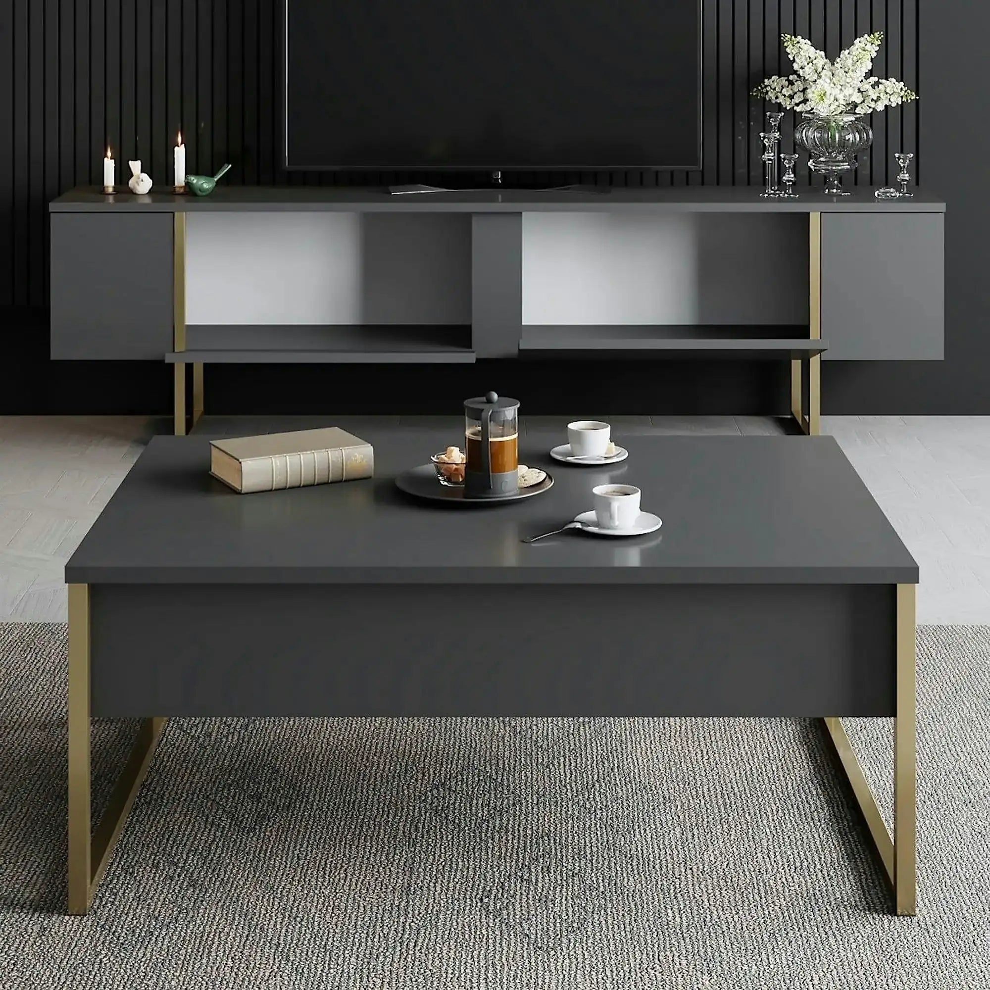 Comoda tv cu usi LUXE, gri antracit/auriu, PAL/metal, 180x50x30 cm