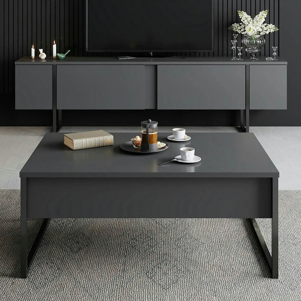 Comoda TV cu usi LUXE, gri antracit/negru, PAL, 180x30x50 cm