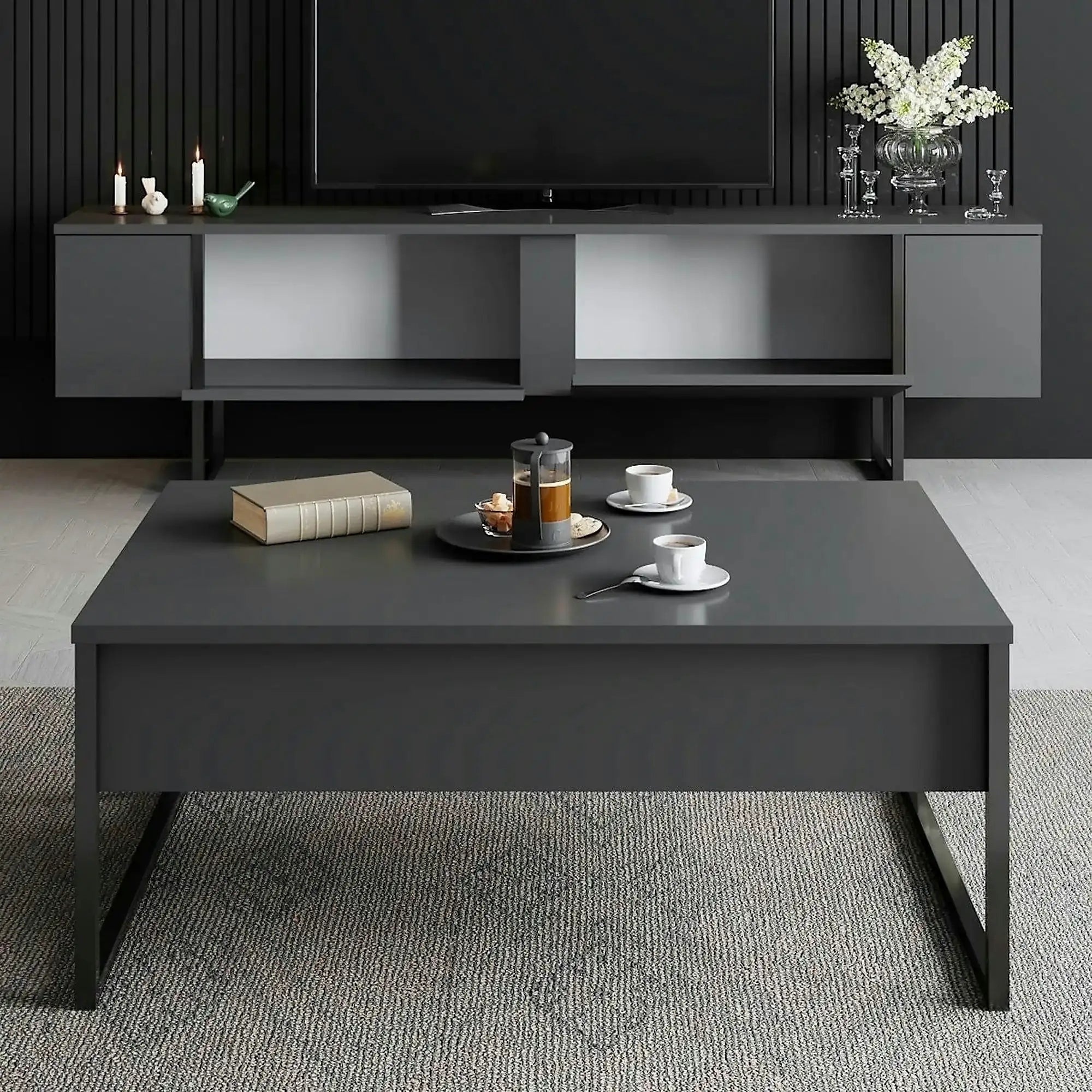 Comoda TV cu usi LUXE, gri antracit/negru, PAL, 180x30x50 cm