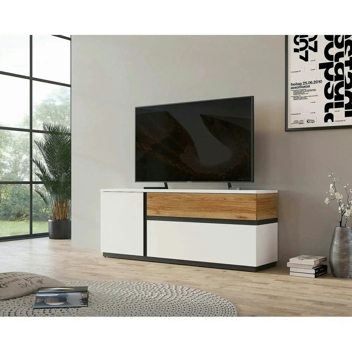 Comoda TV DUKE, alb/stejar, PAL laminat, 160x40x63 cm