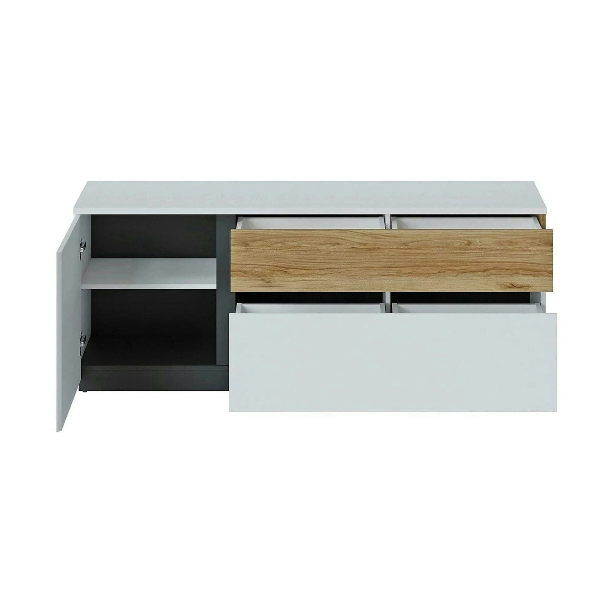 Comoda TV DUKE, alb/stejar, PAL laminat, 160x40x63 cm