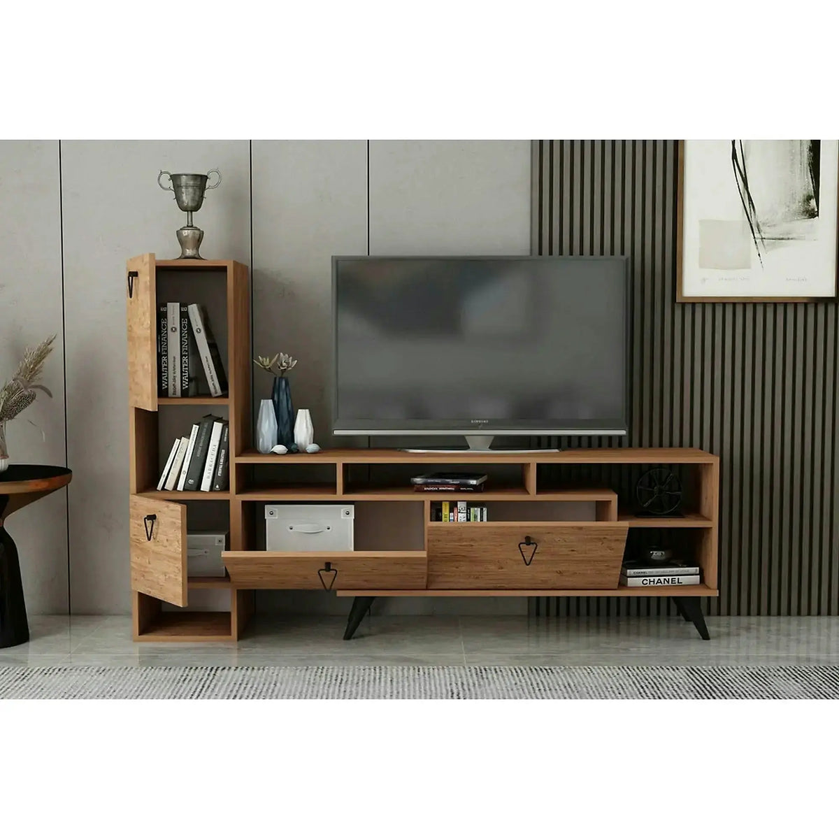 Comoda TV EMMY, pin/negru, PAL melaminat, 185x35x120 cm