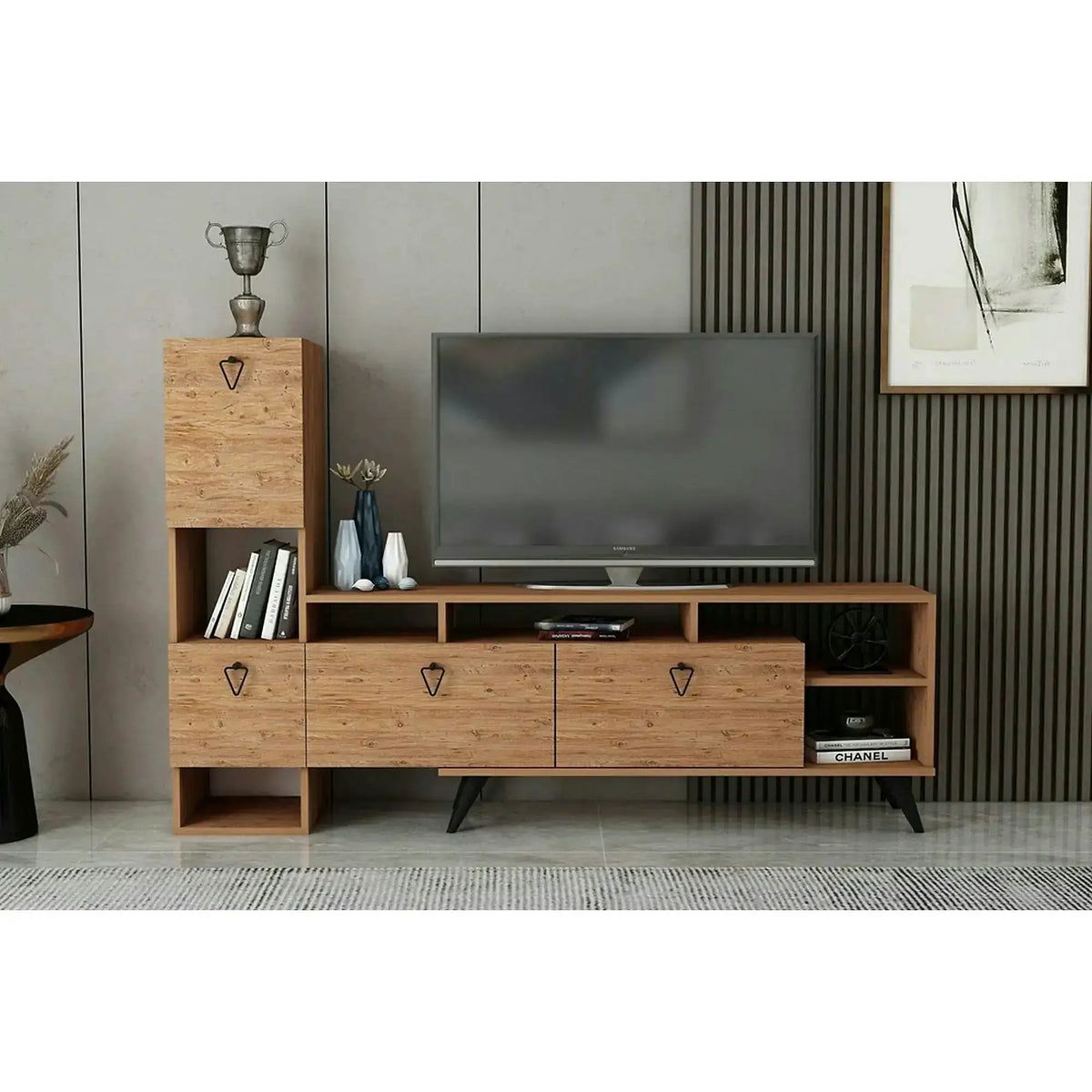 Comoda TV EMMY, pin/negru, PAL melaminat, 185x35x120 cm