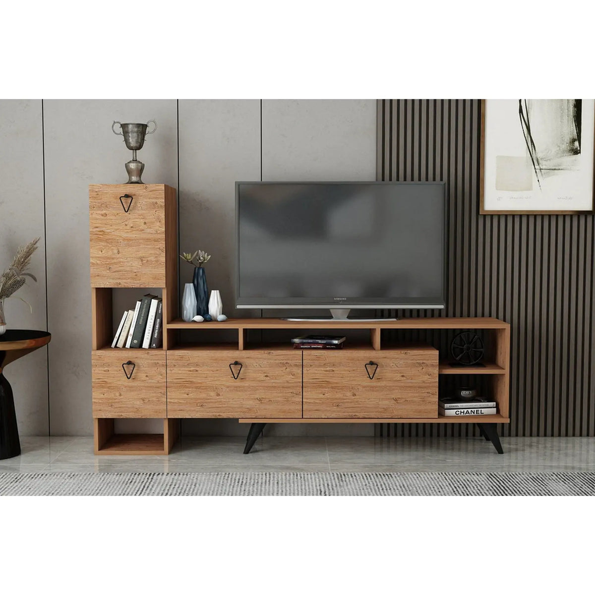 Comoda TV EMMY, pin/negru, PAL melaminat, 185x35x120 cm