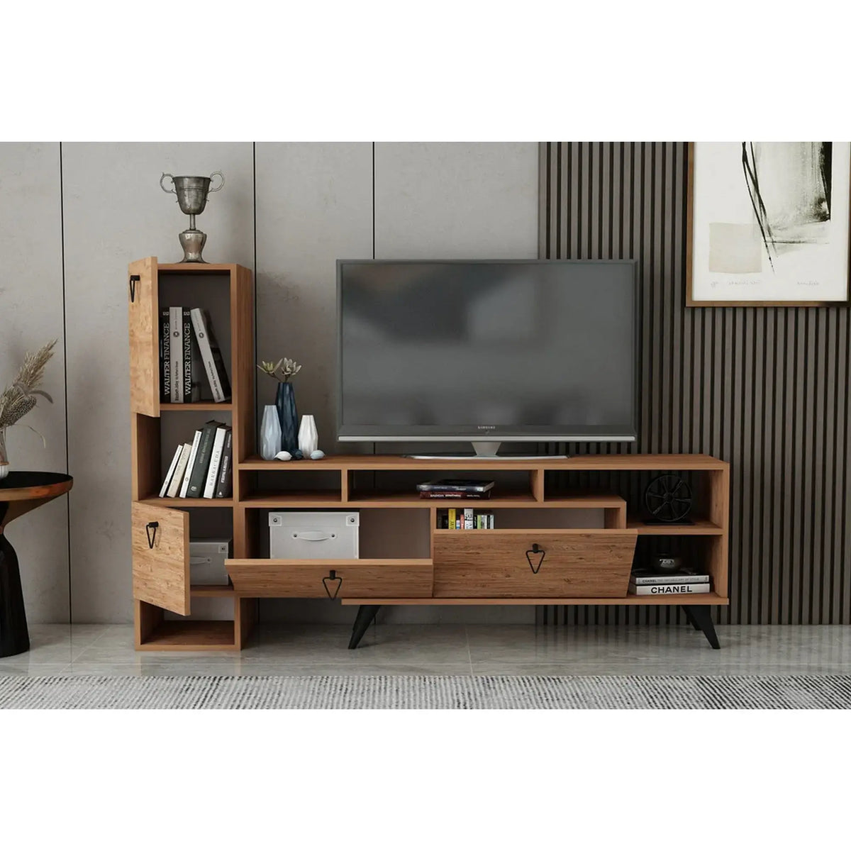 Comoda TV EMMY, pin/negru, PAL melaminat, 185x35x120 cm