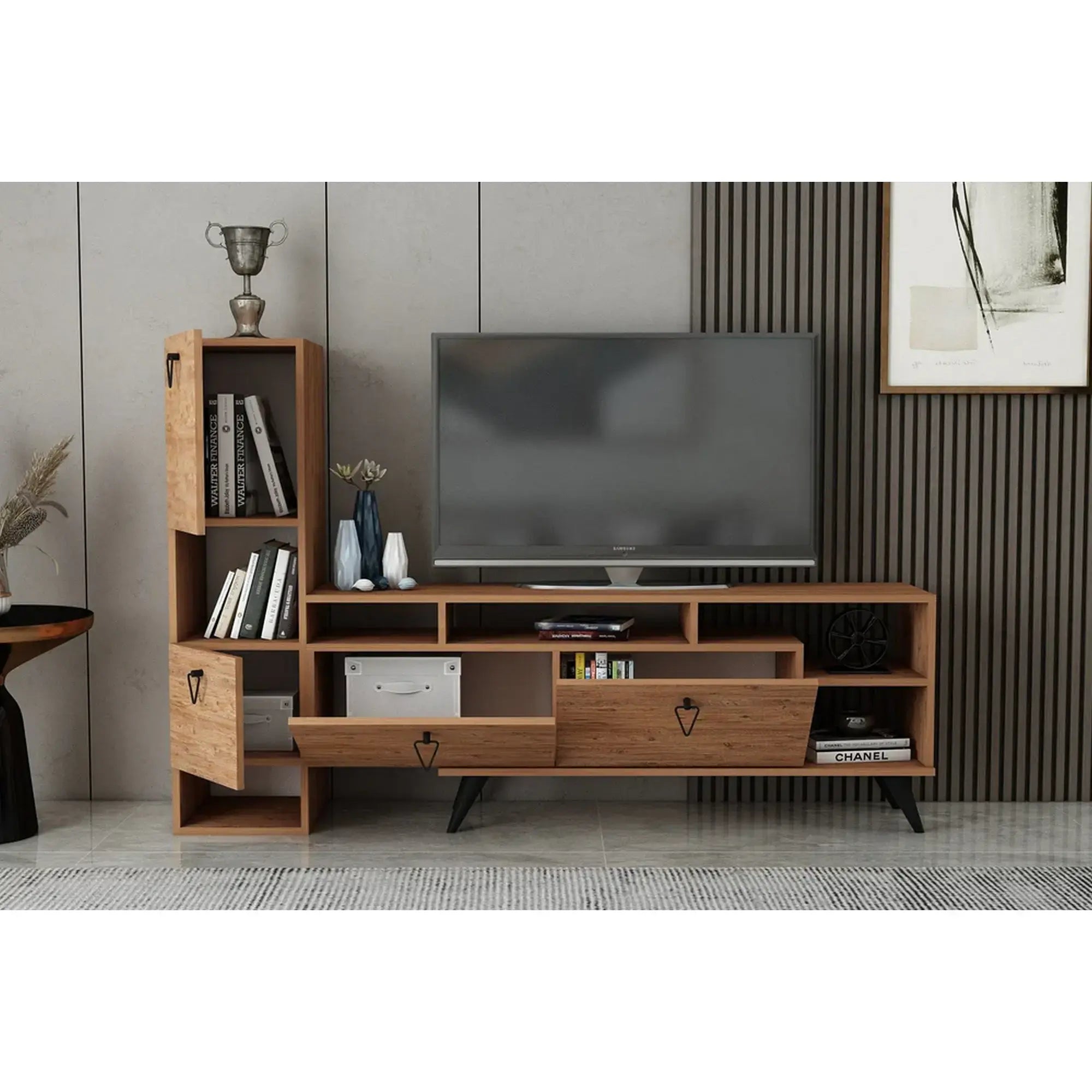 Comoda TV EMMY, pin/negru, PAL melaminat, 185x35x120 cm
