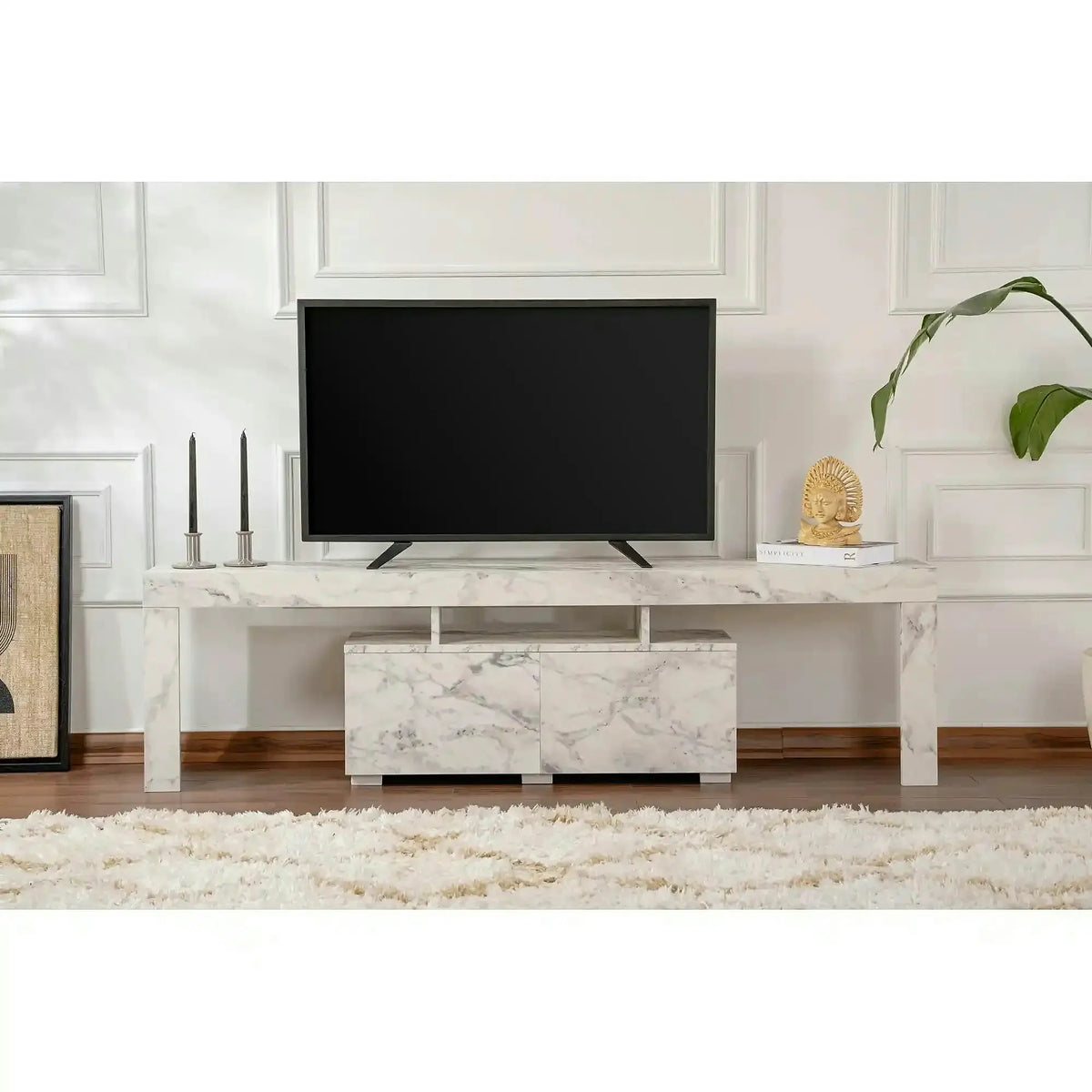 Comoda TV ENCLAVE, alb cu efect de marmura, PAL, 180x32x50 cm