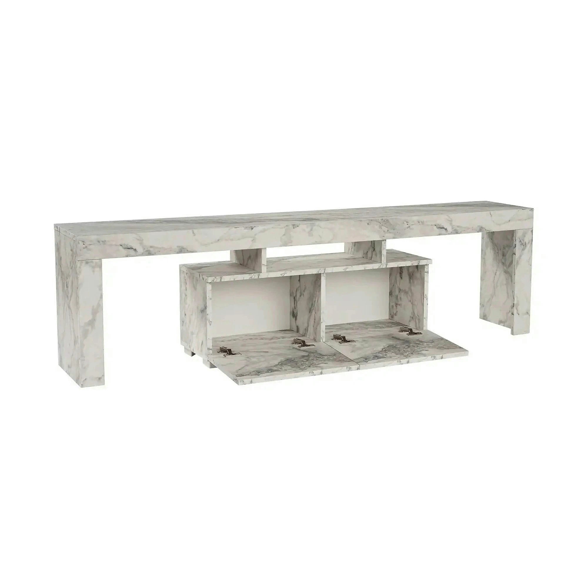 Comoda TV ENCLAVE, alb cu efect de marmura, PAL, 180x32x50 cm