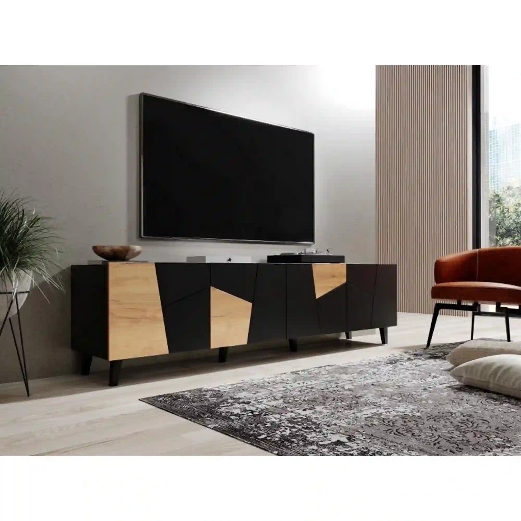 Comoda TV ETNA, negru/stejar, PAL laminat, 200x42x52 cm