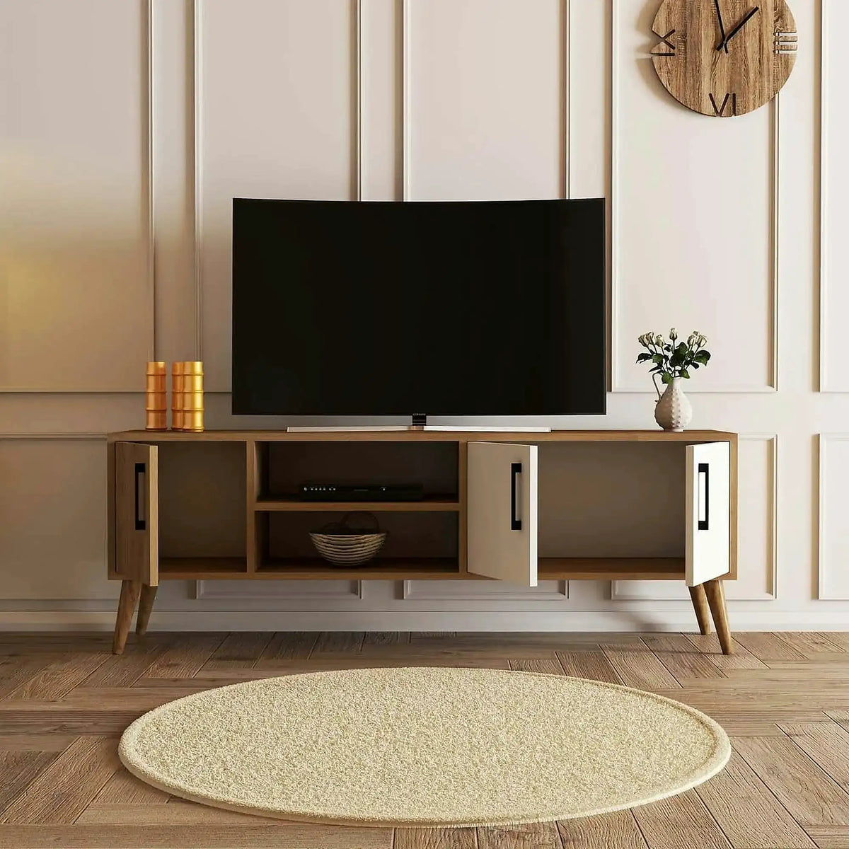 Comoda TV EXXEN-1584, stejar/alb, PAL melaminat, 150x34x52 cm