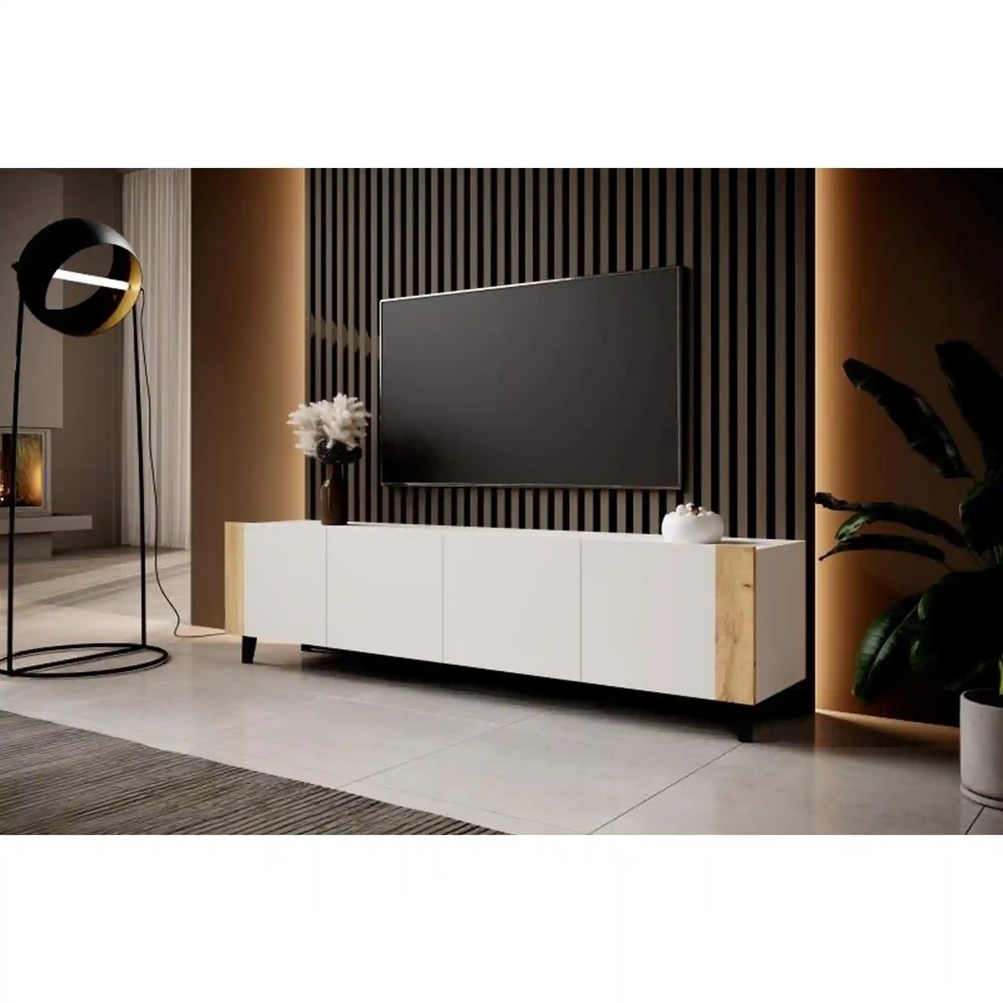 Comoda TV FARO, alb/stejar, PAL laminat/plastic, 200x42x52 cm
