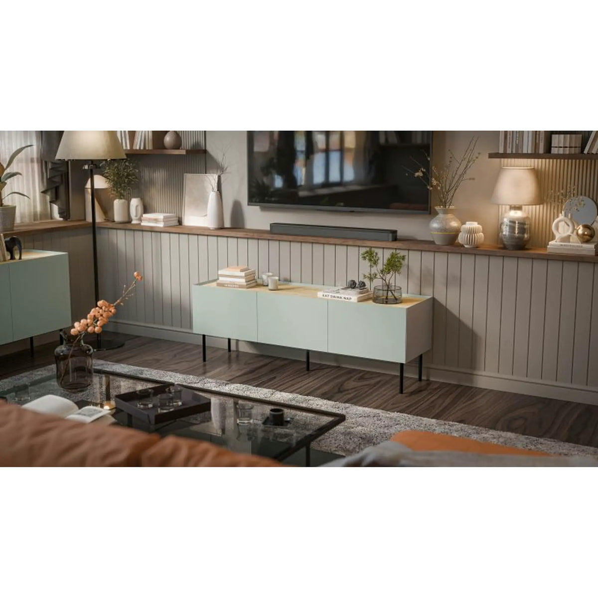 Comoda TV FELLINI, verde olive/stejar, 150x40x52 cm