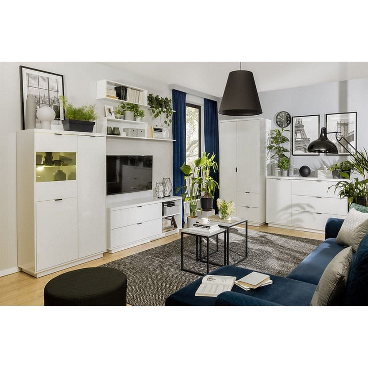 Comoda TV FORN, alb lucios, PAL, 156x43x61 cm