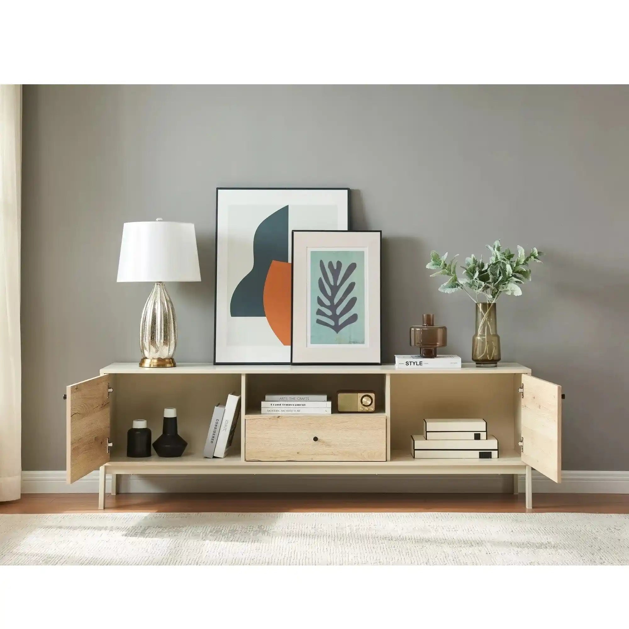 Comoda TV FROST 1, stejar alpin/alb, PAL/metal, 180x40x58 cm