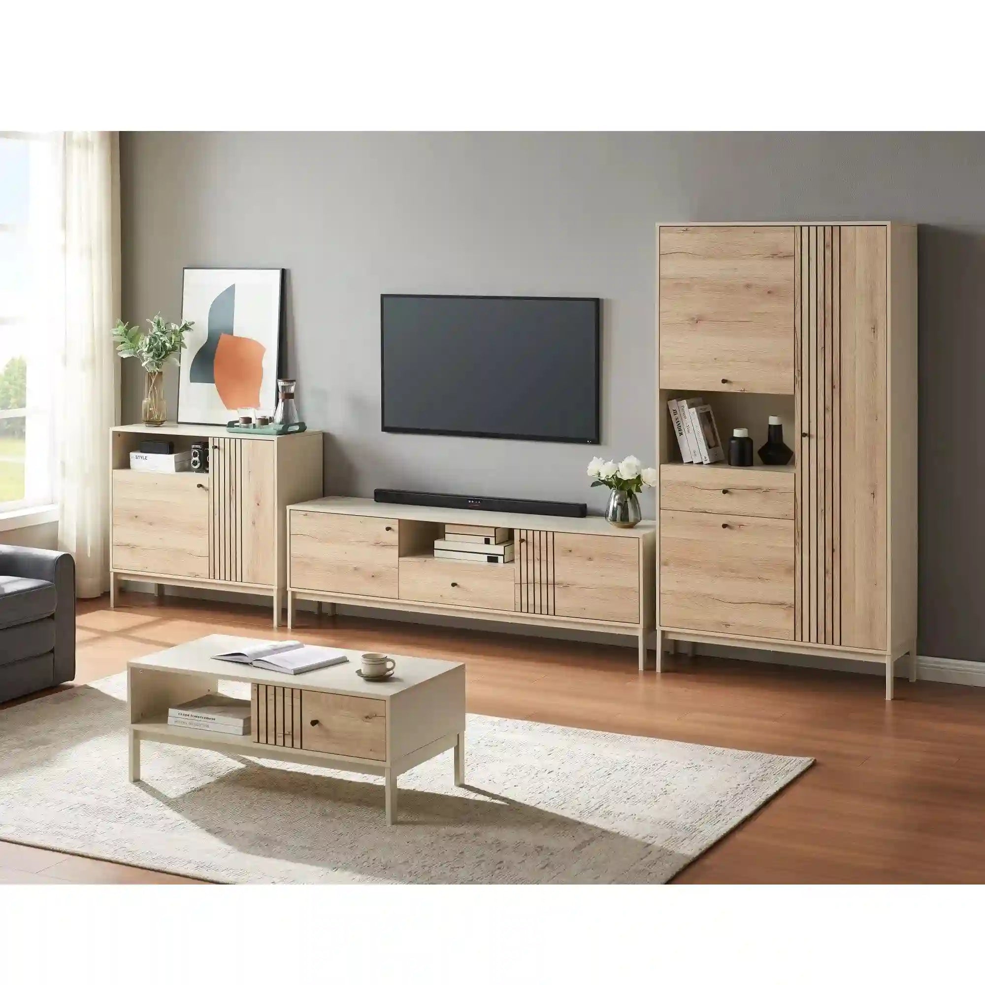 Comoda TV FROST 1, stejar alpin/alb, PAL/metal, 180x40x58 cm