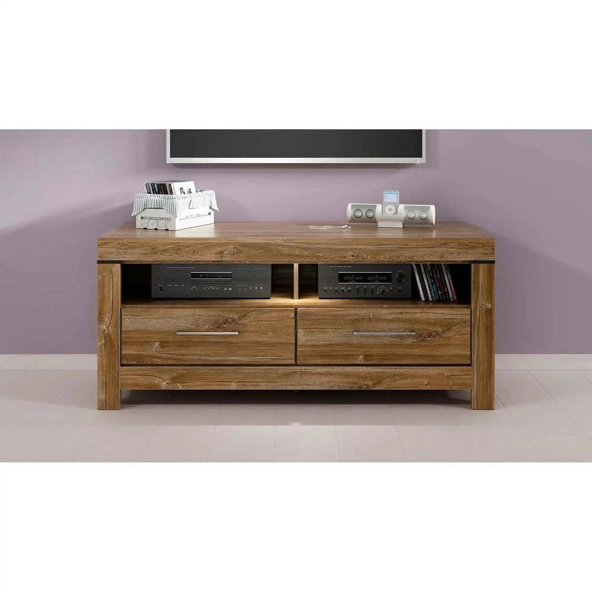 Comoda TV GENT, stejar, PAL, cu iluminare LED, 139x54x60 cm
